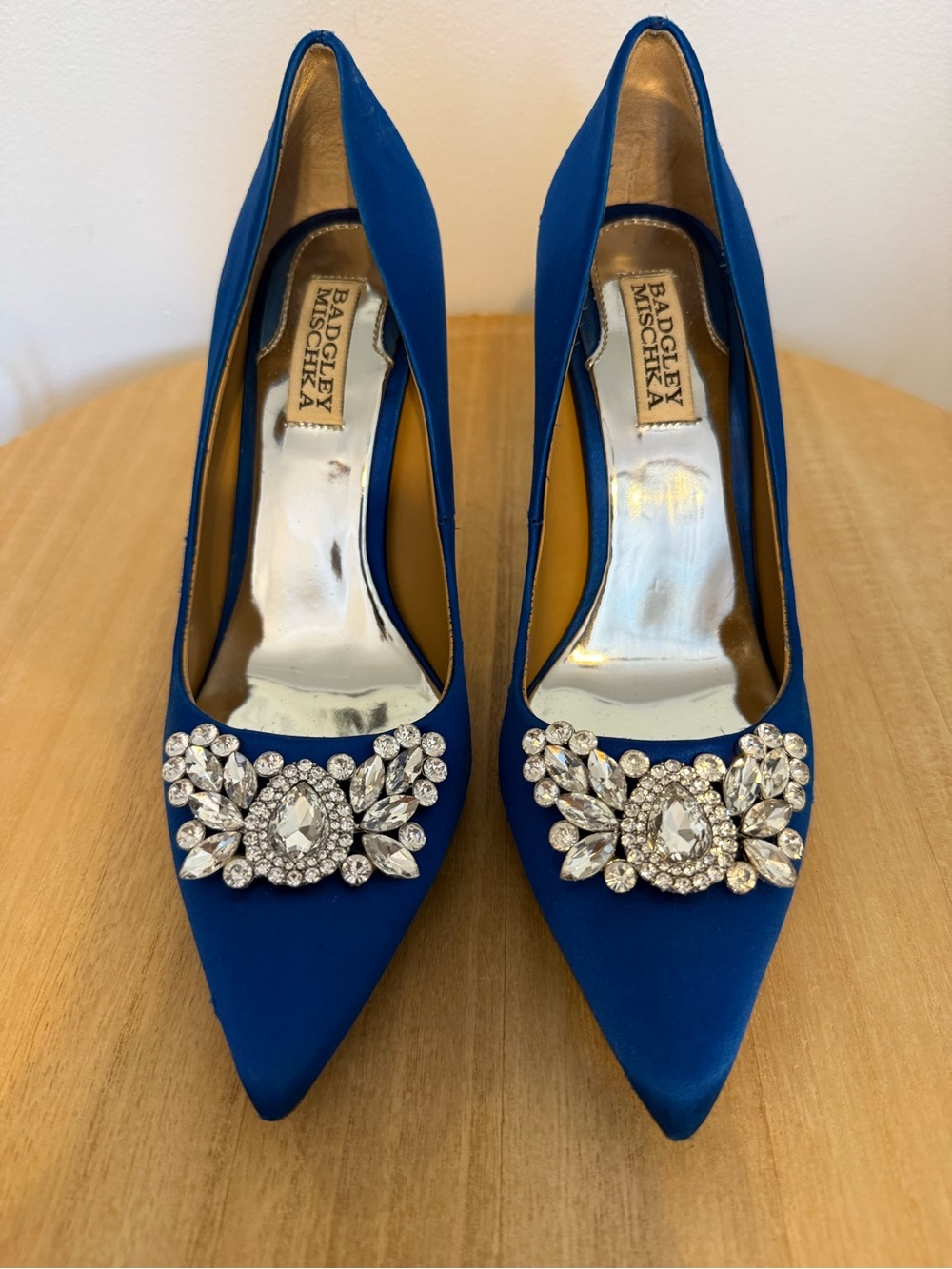 Badgley Mischka Royal Blue Satin Crystal-Embellished Pointed Pumps